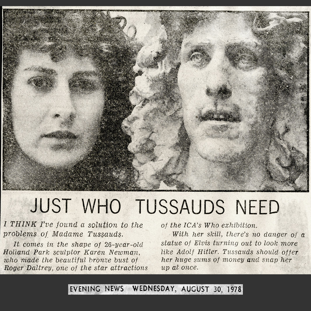 Newspaper article of sculpture of Roger Daltrey of 'The Who' by Karen Newman "Just who Tussauds need"